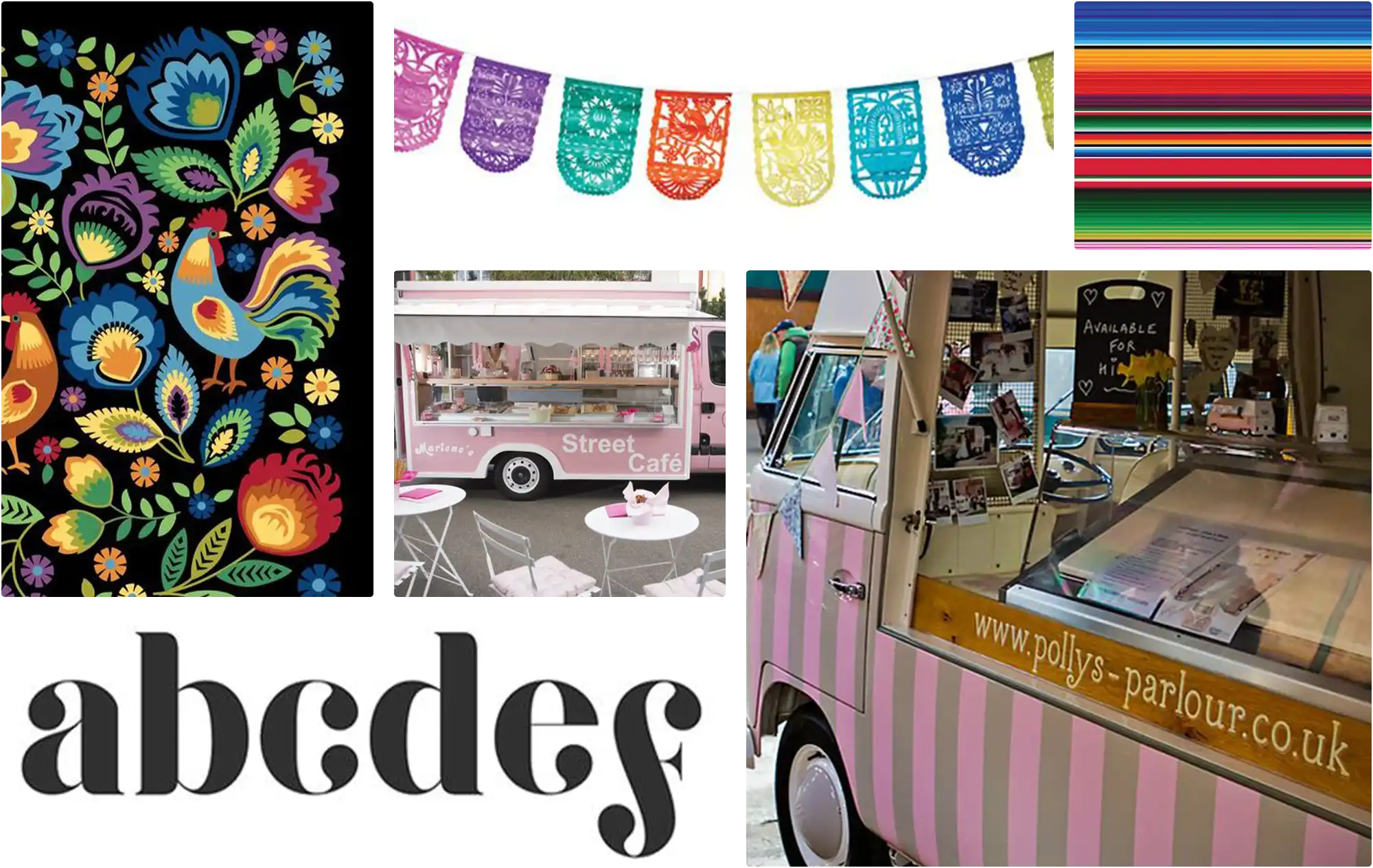 A collage featuring bold, colorful folk-style patterns and street café imagery: a black background with bright floral and rooster illustrations, multicolored papel picado banners, horizontal rainbow stripes, a pink striped food truck labeled ‘Street Café,’ and a close-up of a pastel pink ice cream van.