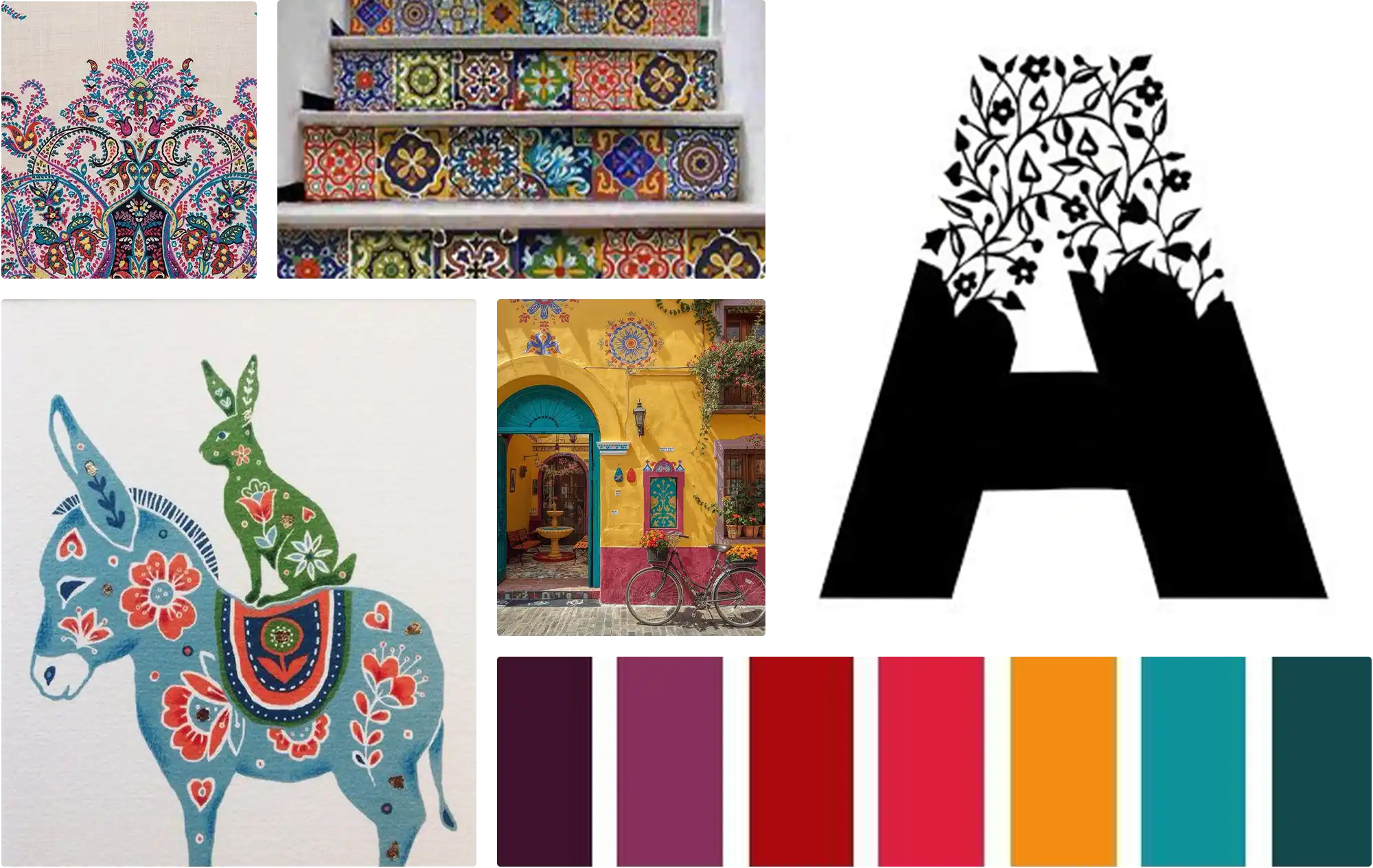 A collage of decorative folk art and architectural details: intricate floral patterns, brightly painted tile stair risers, a yellow building with a turquoise doorway and bicycle, stylized animal illustrations, a large serif wordmark reading ‘abcde,’ a black letter ‘A’ filled with vine motifs, and a row of rich, warm color swatches.