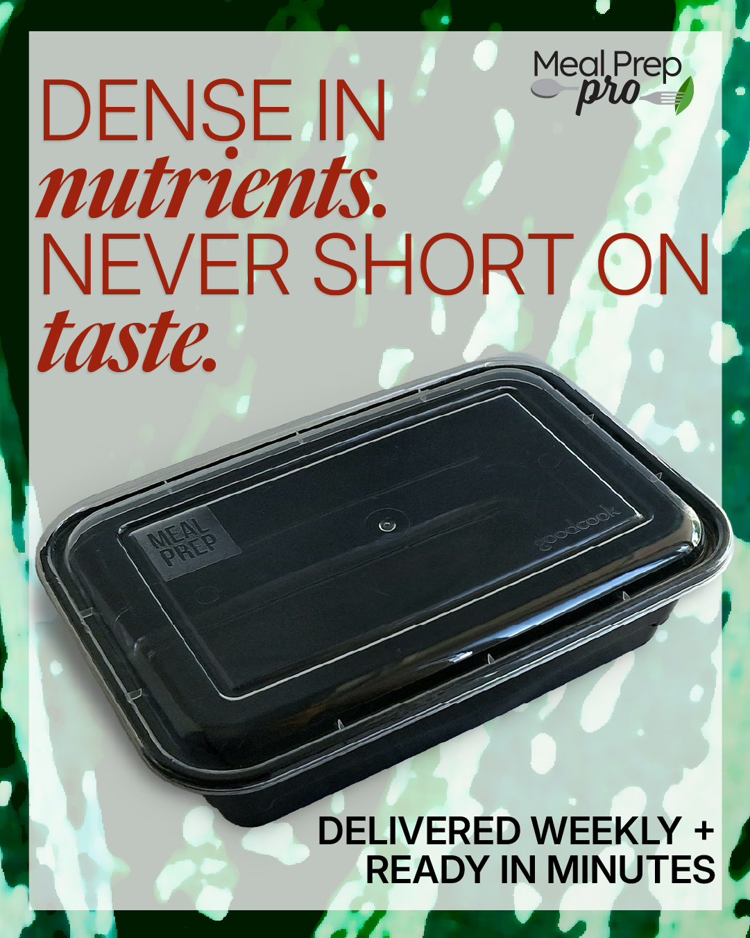Meal Prep Pro Instagram ad reading ‘Dense in Nutrients. Never Short on Taste.’ over a green splatter background, featuring a sealed meal container and the line ‘Delivered weekly + ready in minutes.’